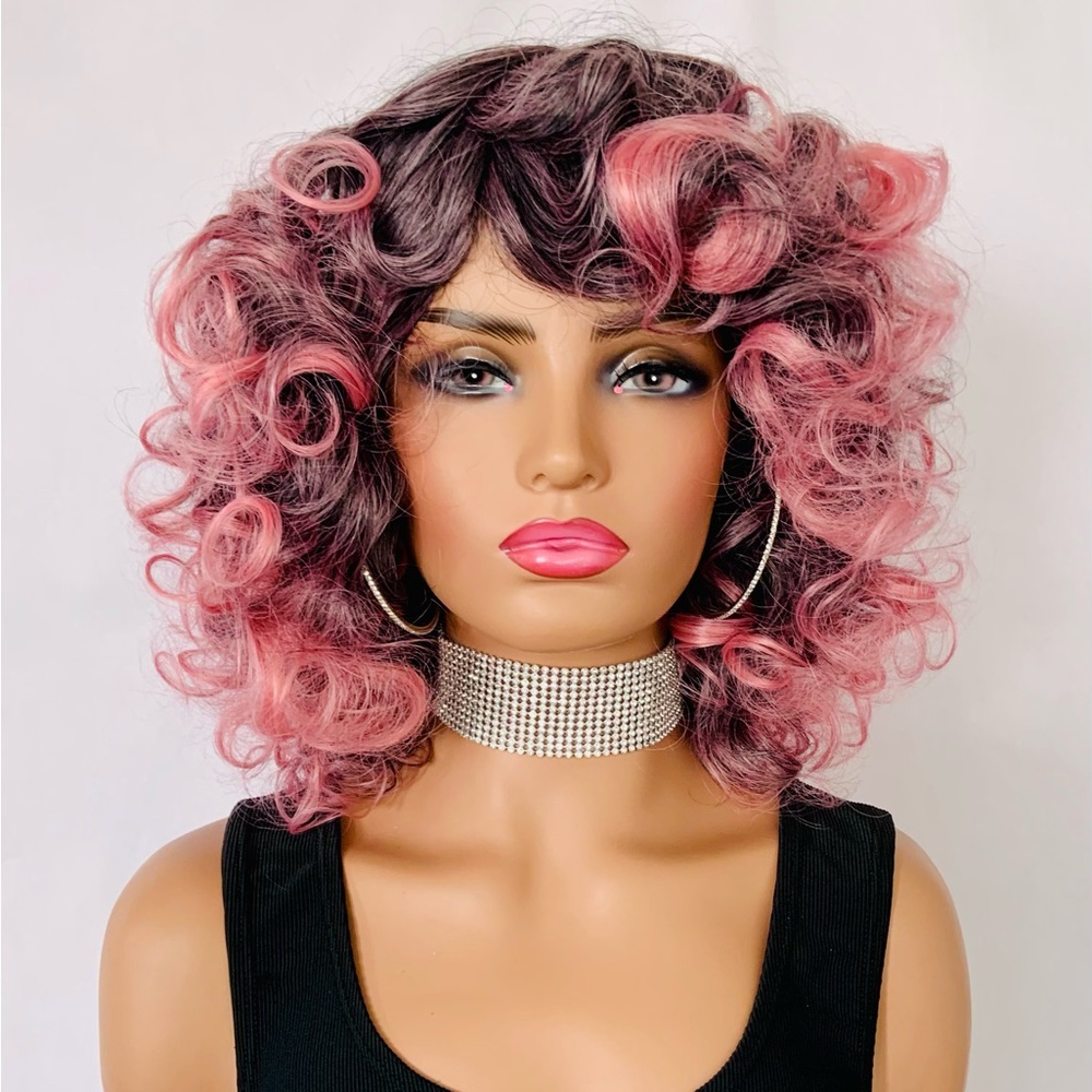 12” Black & Pink “Put On & Go” Premium Fiber Curly Wig for Daily Wear/Events